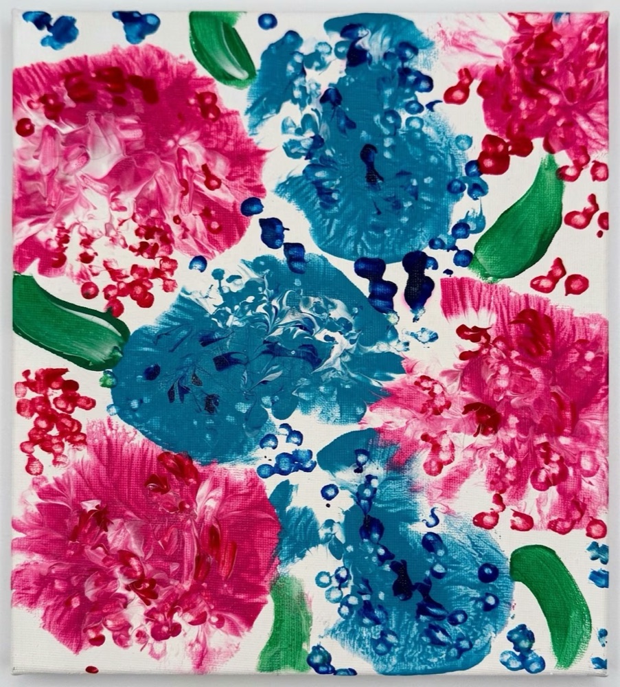 Alaska's floral painting, straightened and colour-true in the gallery