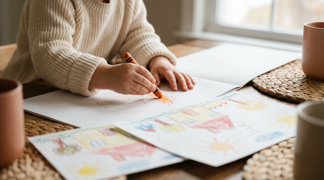 A child's bright crayon drawing photographed up close, every wobbly line kept