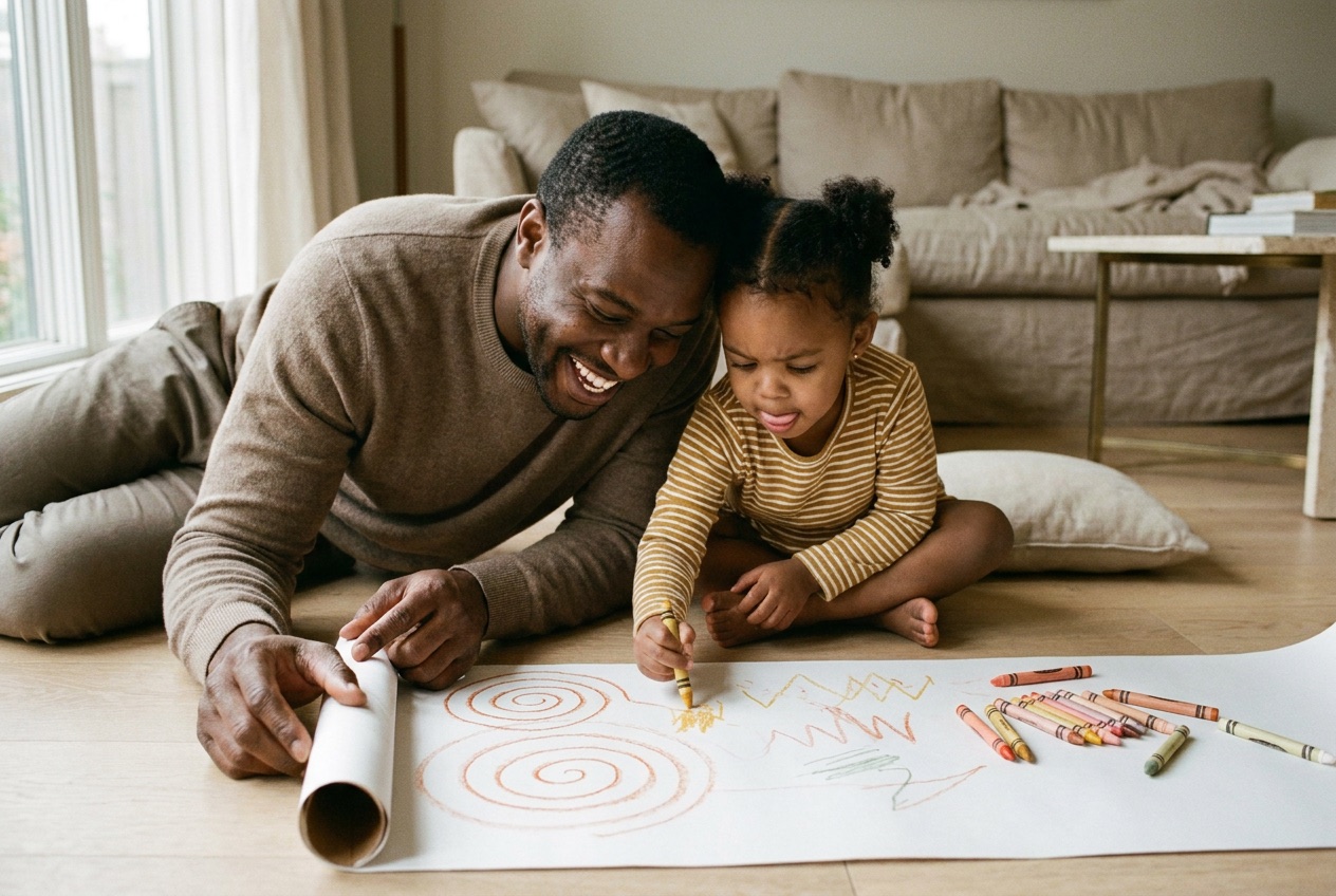 A dad lying on the floor drawing on a big sheet of paper with his young daughter, crayons scattered around