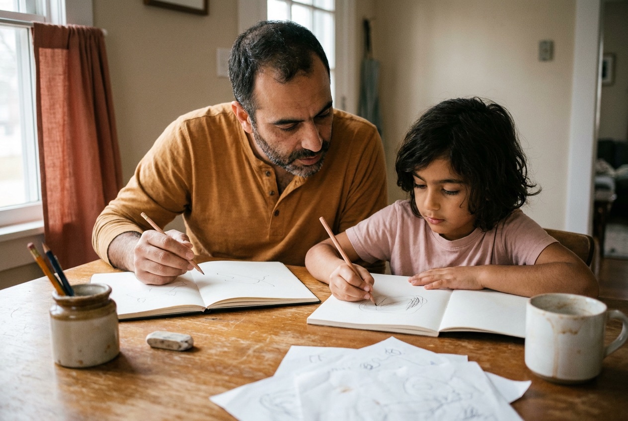 A dad and his eight-year-old sketching together at the kitchen table, both bent over open sketchbooks