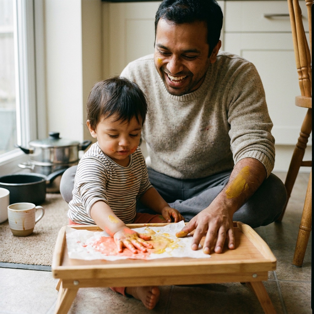 A dad finger-painting on the floor with his laughing toddler, both hands covered in coral and yellow paint