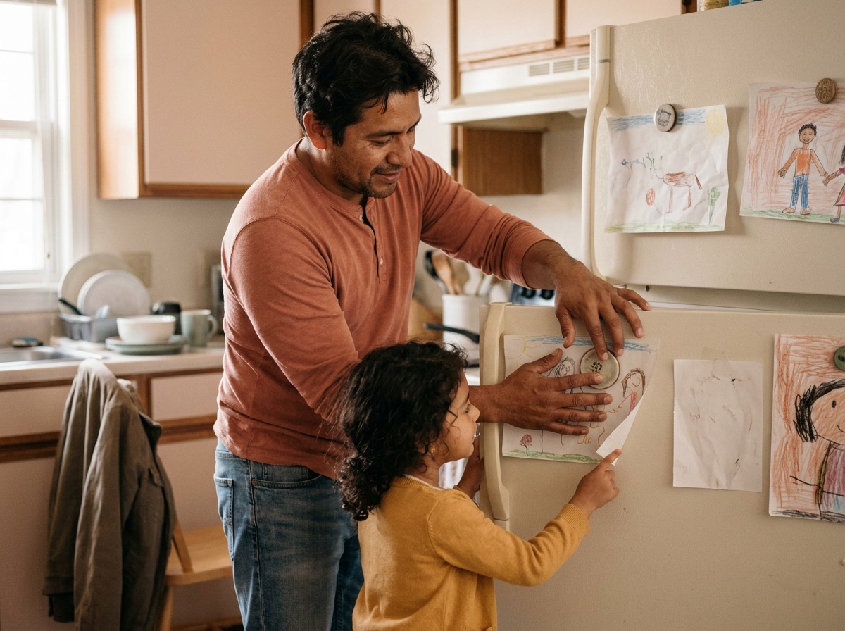 A dad pinning his daughter's new drawing to the fridge in his own kitchen, more of her crayon art already up