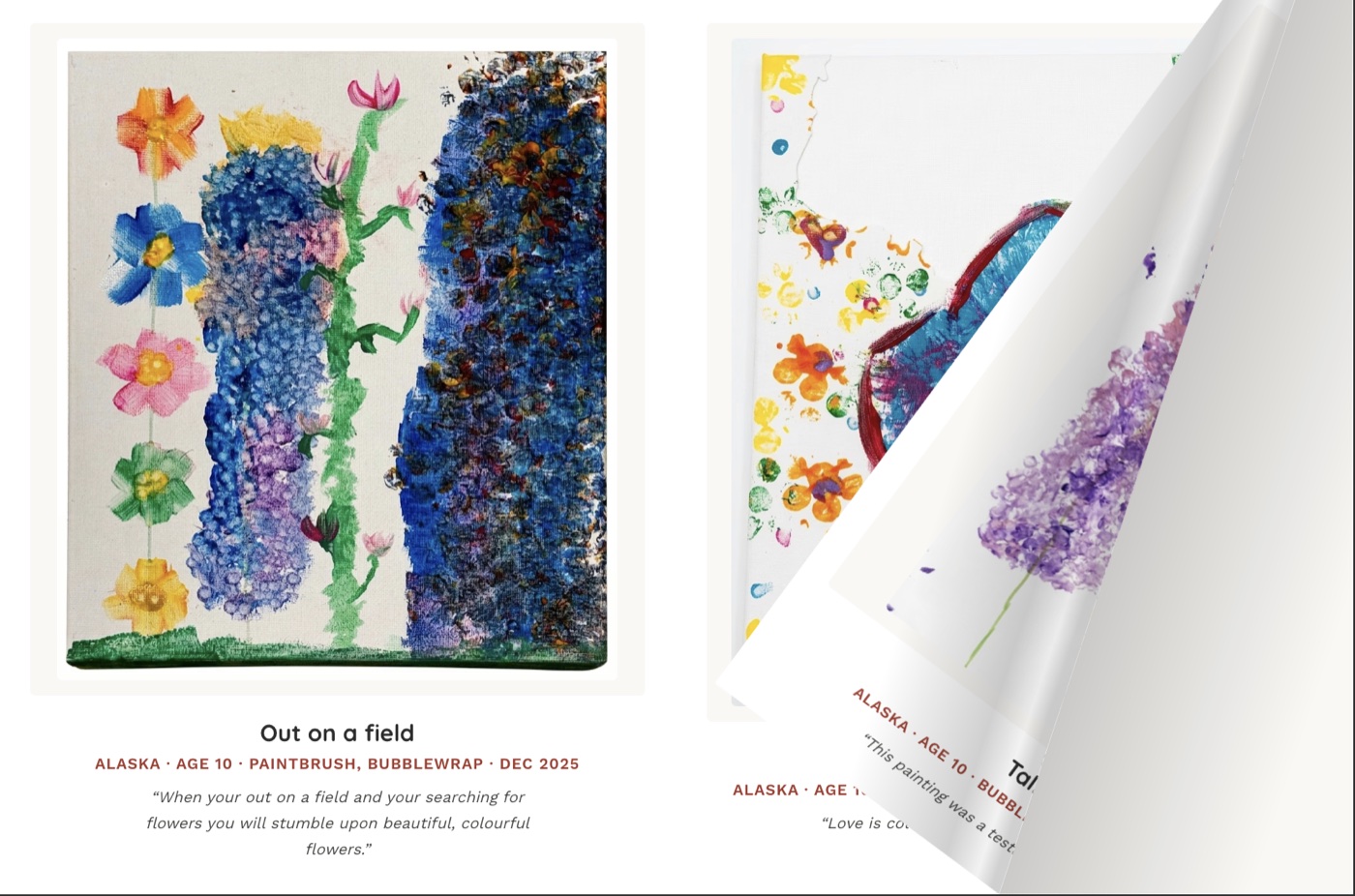 A child's art flip-book open to a painting titled 'Out on a field', caught mid page-turn, with the child's own handwritten caption beneath