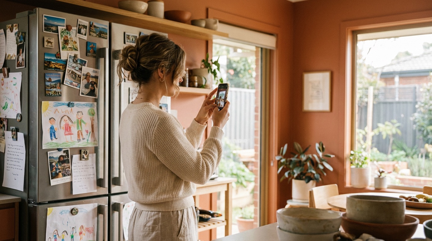 A sunlit family kitchen with a child's crayon drawings stuck to the fridge door