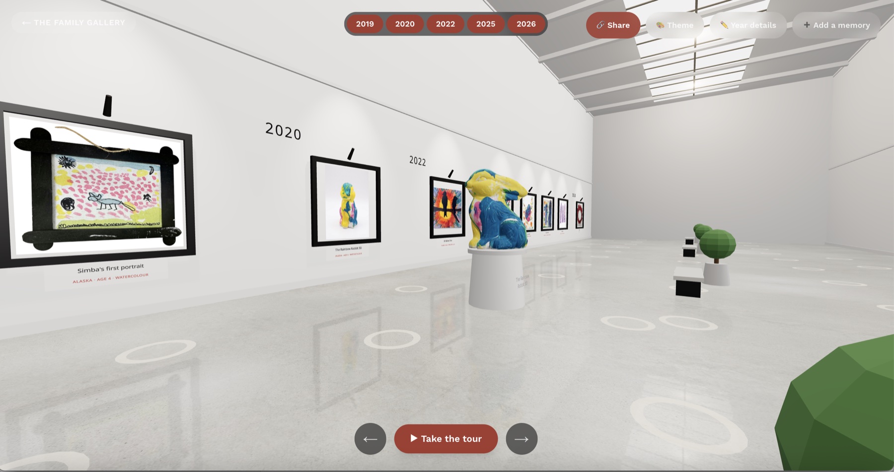 The Fridge Gallery 3D room — a child's framed paintings on white gallery walls with a sculpture on a plinth