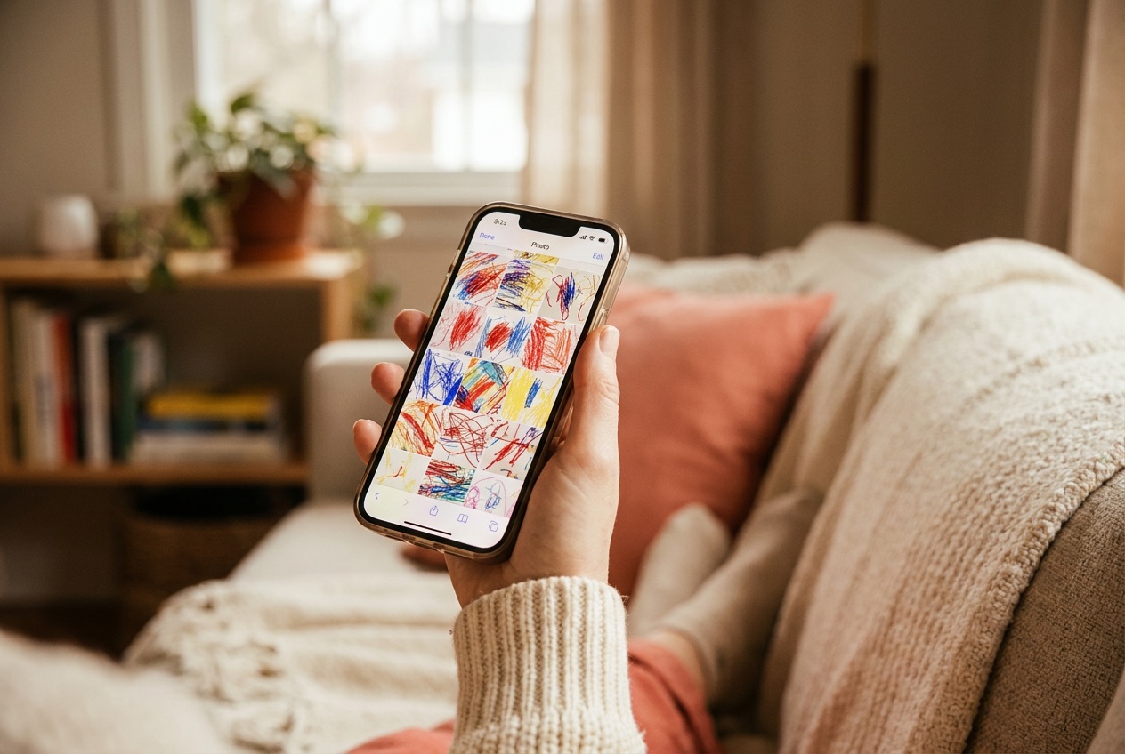 A hand holding a phone showing a colourful gallery of a child's artwork, in a cosy living room
